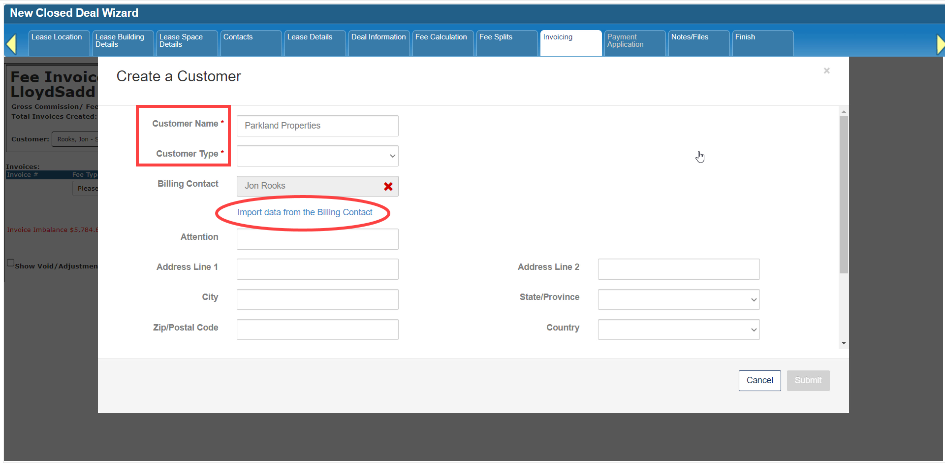 Screenshot of the Create a Customer form with the Customer Name and Customer Type fields as well as the Import Data From The Billing Contact option circled.
