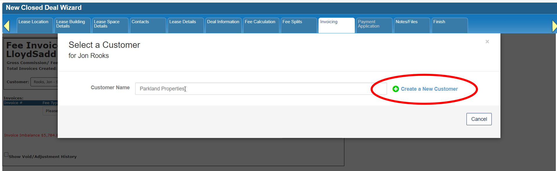 Screenshot of the Select a Customer form with the Create a New Customer option circled.