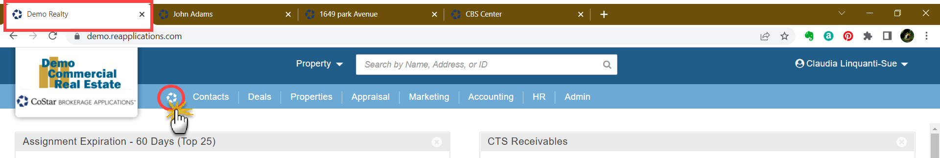 A screenshot of the top of the Home page. There is a square around the browser tab for the Home page and a circle around the CoStar icon in the top left corner of the Home page. The cursor is clicking on the CoStar icon.