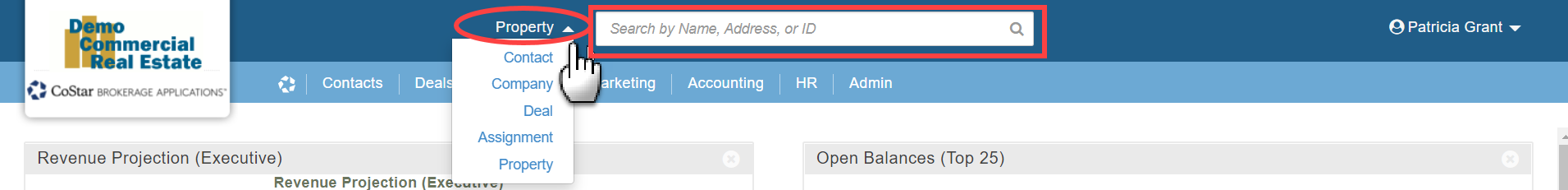 A screenshot of the top of the Home page. There is a circle around the drop down menu next to the search bar at the top of the Home page. The cursor is pointing at the menu, and the menu options are visible. They are Contact, Company, Deal, Assignment, and Property. The current selection is Property. There is a square around the actual search field which contains the instruction to search by Name, Address, or ID.