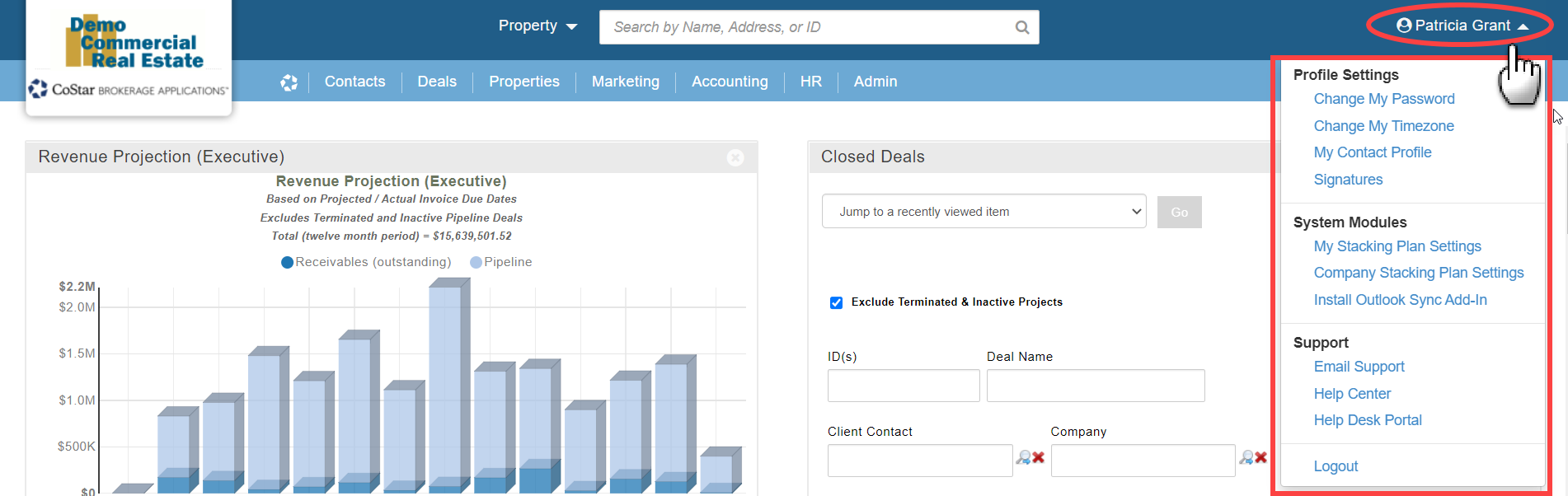 A screenshot of the top of the Home page. There is a circle around the user's name in the top right corner of the page, and the cursor is pointing at the name. A menu of options is open below with sections for Profile Settings, System Modules, and Support.