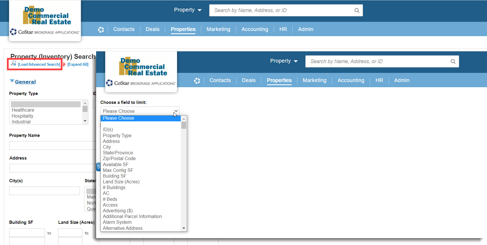 A screenshot of the Property Inventory Detailed Search page with a square around the option to Load Advanced Search. Superimposed is another screenshot of the Advanced Search form. A drop down menu is open to show that there are many fields which can be added as search criteria.