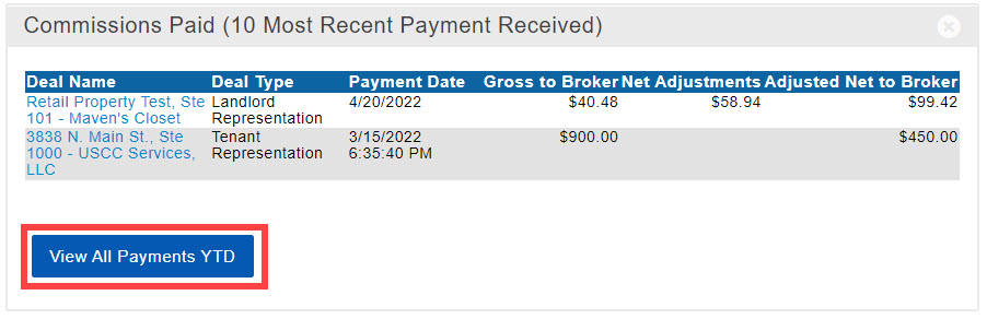 A screenshot of the Commissions Paid - 10 Most Recent Payment Received widget. Two recent payments display on the widget. There is a square around the option below the list to View All Payments YTD.