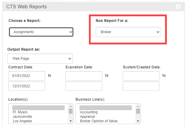 Screenshot of the CTS Web Reports widget with the Assignments report selected. There is a red square around the option to Run Report For a Broker.