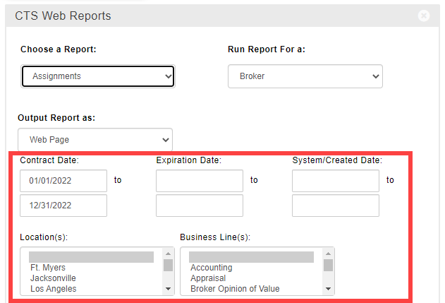 Screenshot of the CTS Web Reports widget with the Assignments report selected. There is a red square around several filter fields.